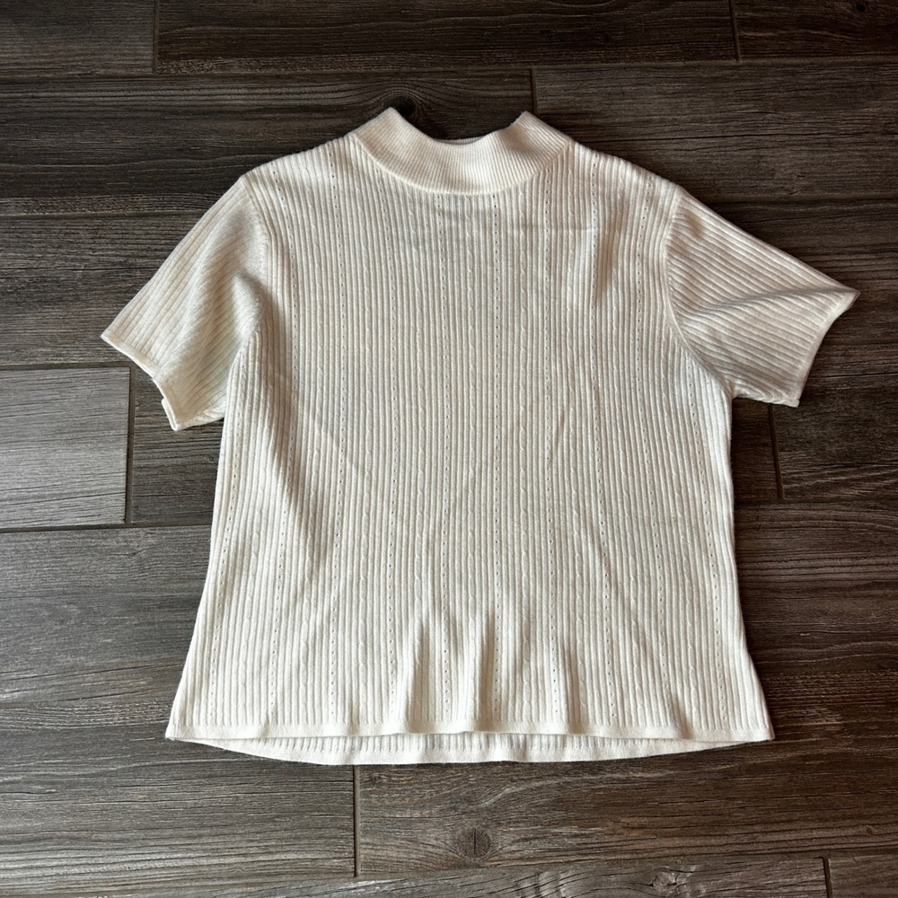 90s Women's Cream Ribbed‎ Mock Neck Short Sleeve Top XL Classic Vintage Workwear